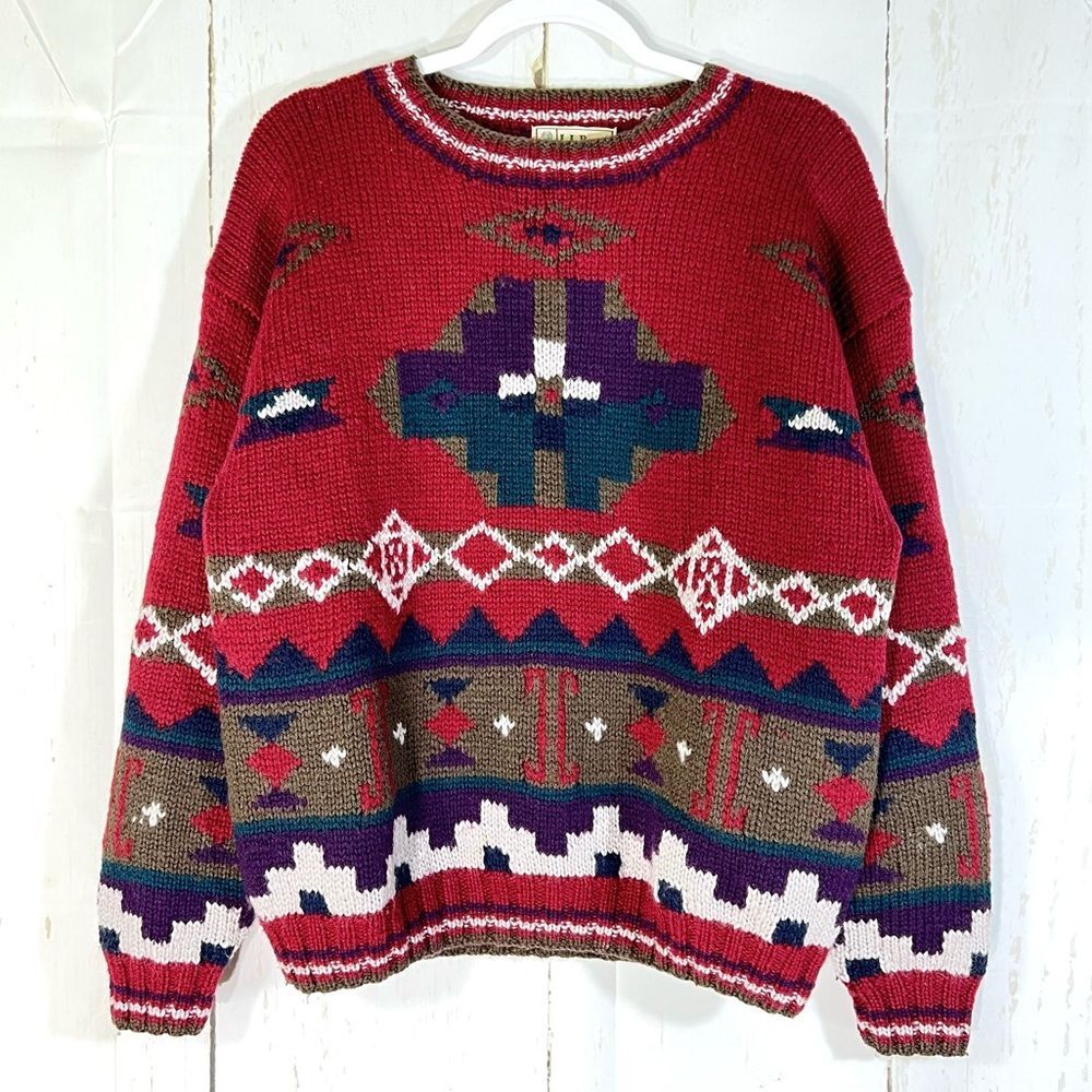 L.L. Bean Vintage 80's 100% Wool Aztec Western Crewneck Sweater Chunky Knit - Picture 2 of 8